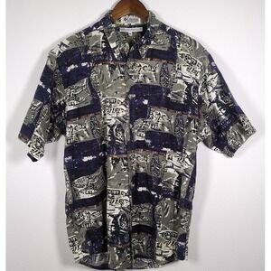 Vintage 90's Columbia Mens Button Down Fish All Over Hawaiian Sz Med Cotton